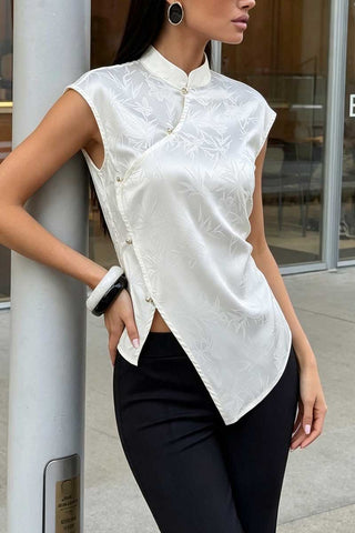 Satin Floral Mock Neck Sleeveless Tank