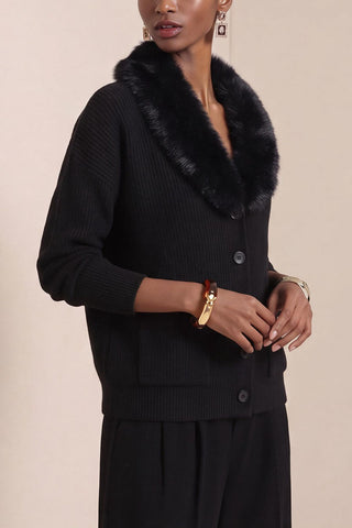 Faux Fur Collar Button-Front Knit Cardigan