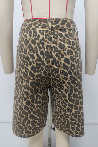Leopard Print High-Waist Denim Shorts