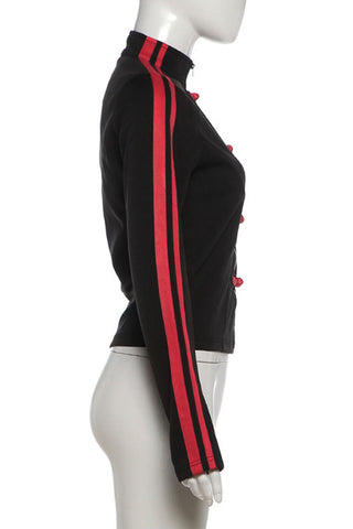 Striped Sleeve Frog Closure Zip Jacket