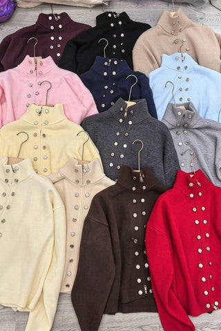 Mock Neck Zip Front Military Cardigan