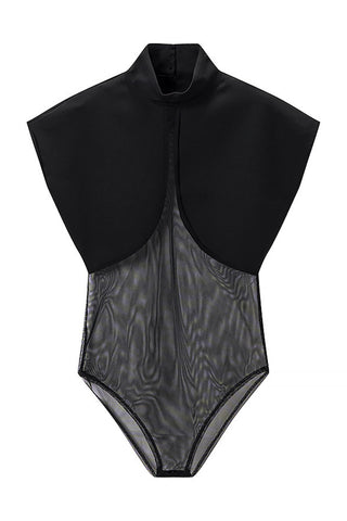 Mock Neck Cape Overlay Sheer Bodysuit