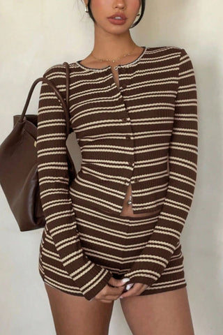 Striped Button-Front Long Sleeve Short Set
