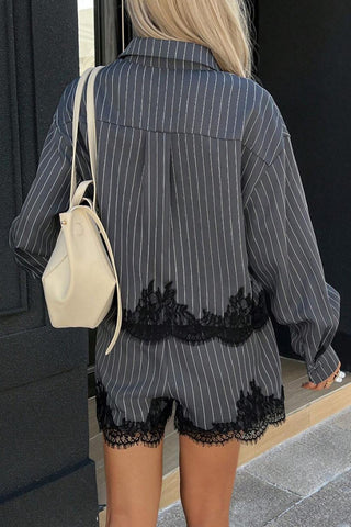 Strip Button-Front Lace Trim Short Set