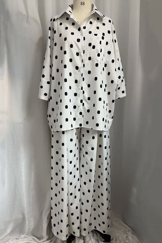 Polka Dot Button-Up Wide Leg Pants Set
