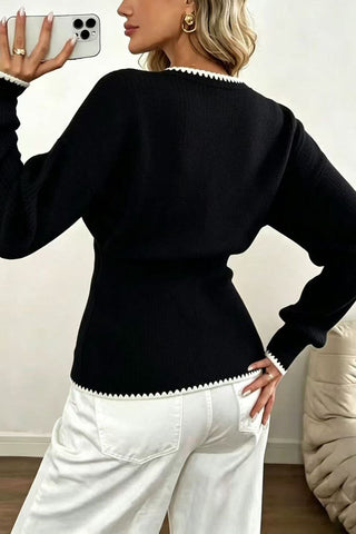 Contrast Trim V-Neck Button Sweater