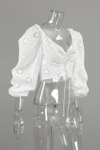 Lace Puff Sleeve Lace-Up Crop Top