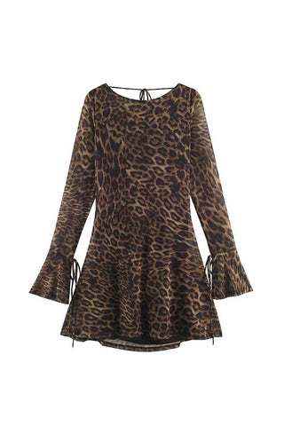 Animal Print Bell Sleeve Tie Back Casual Dress