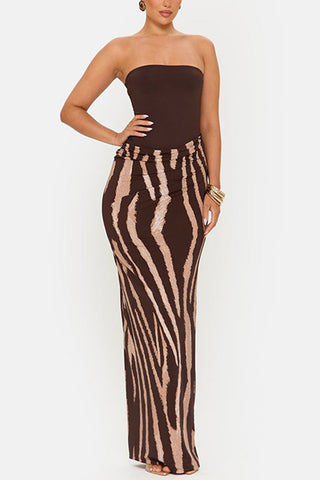 Strapless Ruched Waist Animal Print Maxi Dress