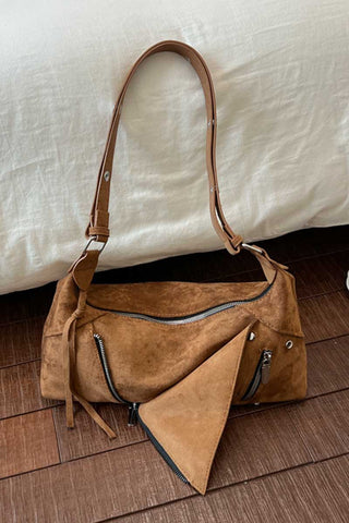 Suede Zipper Detail Slouchy Shoulder Bag