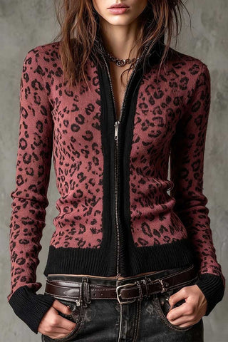 Leopard Print Zip-Up Knit Jacket