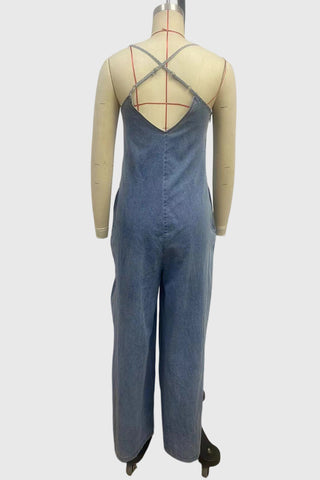 V-Neck Spaghetti Strap Denim Overalls