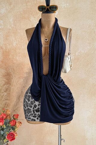 Rope Trim Halter Ruched Sequin Mini Dress