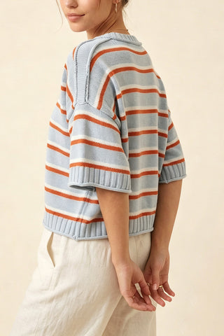 Striped Crew Neck Drop Shoulder Sweater