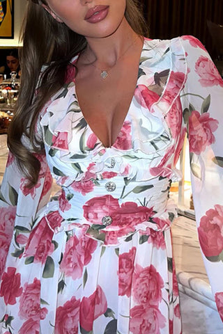 Floral Bell Sleeve V-Neck Mini Dress