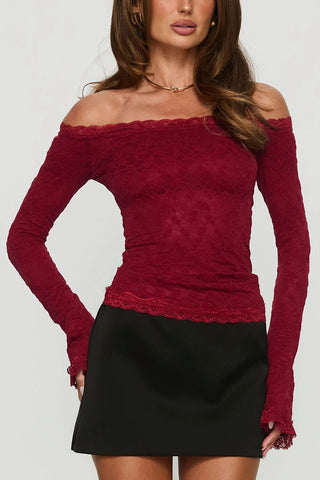 Off-Shoulder Lace Ruched Long Sleeve Top