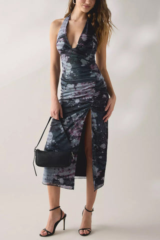 Ruched Halter High-Slit Dress