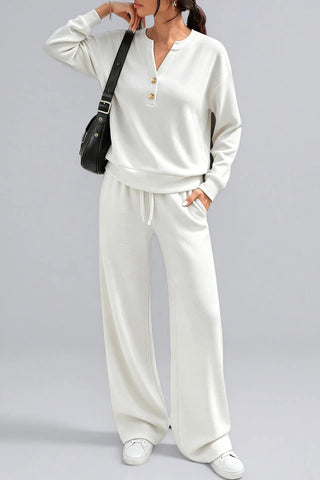 Button Placket Long Sleeve Wide-Leg Pants Set