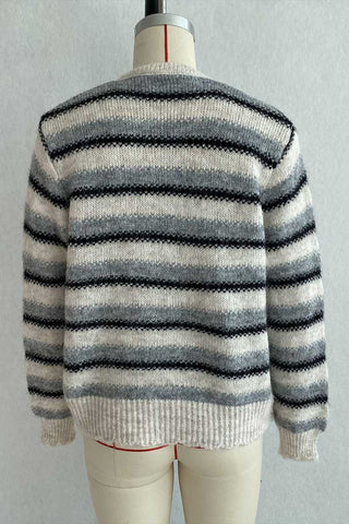 Striped Button Detail Crew Neck Knit Cardigan