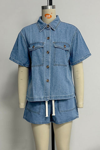 Pocket Button-Front Denim Short Set
