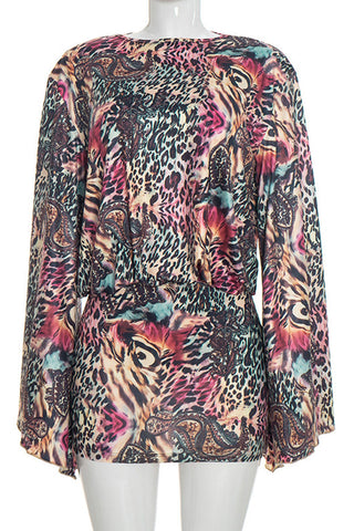 Animal Print Bell Sleeve Mini Casual Dress