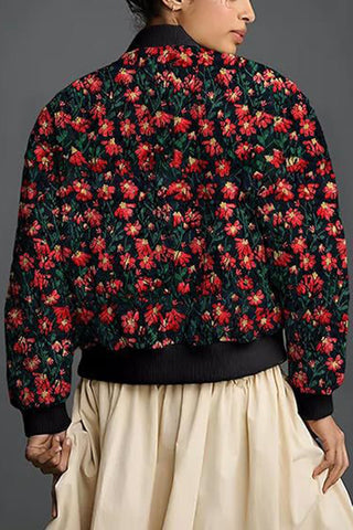 Floral Print Ribbed Trim Zip-Up Bomber Coat