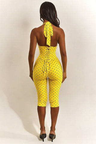 Polka Dot Halter Lace-Up Back Jumpsuit