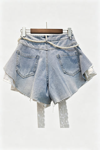 Pearl Belt Ruffle Denim Shorts