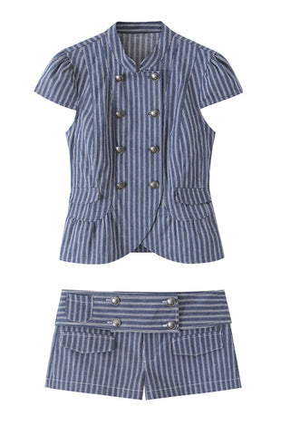 Striped Double-Breasted Cap Sleeve Short Set