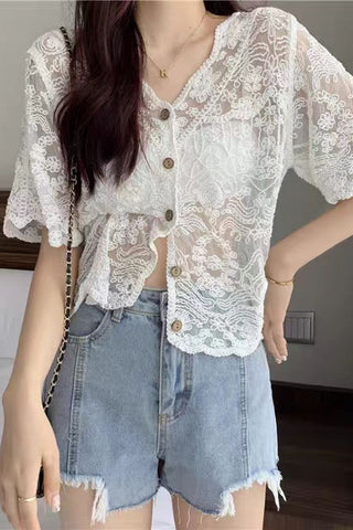 Floral Lace Button-Front Blouse