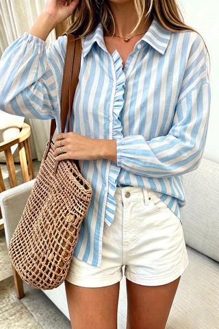 Striped Button-Up Ruffled Blouse