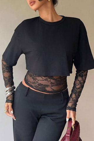 Lace Sleeve Crop T-Shirt