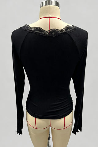 Lace Trim Ribbed Henley Long Sleeve Top