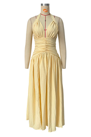 Ruched Halter V-Neck Maxi Casual Dress