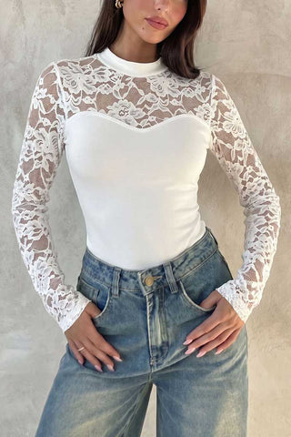 Floral Lace Mock Neck Long Sleeve Top