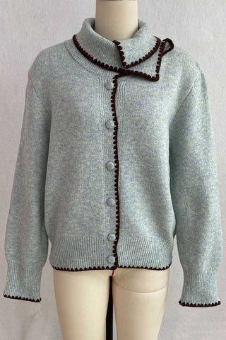 Scallop Trim Mock Neck Button Cardigan