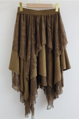 Smocked Waist Lace Asymmetrical Midi Skirt