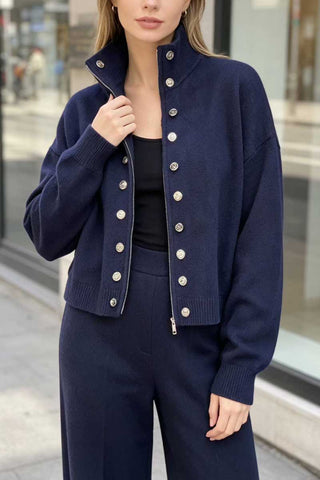 Mock Neck Zip Front Military Cardigan