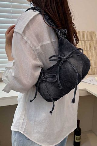 Ruched Handle Drawstring Denim Hobo Bag