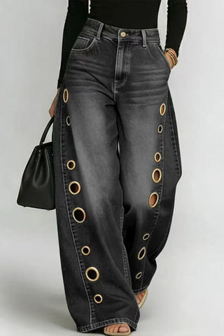 Wide-Leg Denim Jeans with Statement Details