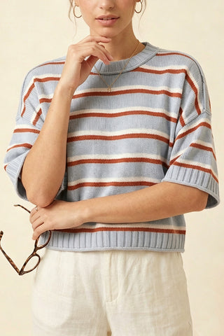 Striped Crew Neck Drop Shoulder Sweater