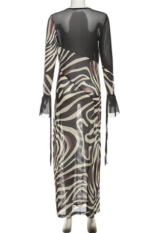 Zebra-Print V-Neck Long Sleeve Dress