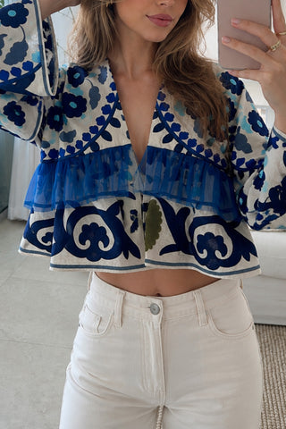 Floral Bell Sleeve Sheer Ruffle Blouse