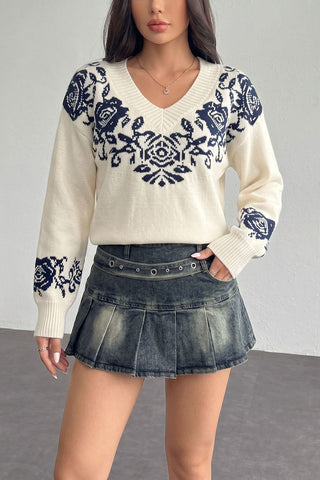 Floral Intarsia V-Neck Knit Sweater