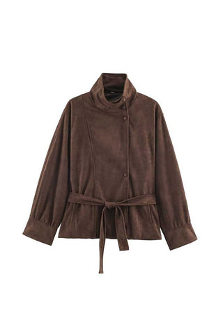 Stand-Collar Tie-Waist Suede Coat