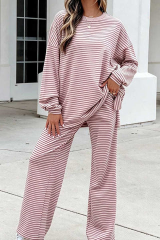 Striped Crew Neck Wide-Leg Pants Set