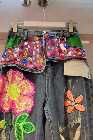 Embellished Distressed Denim Pants