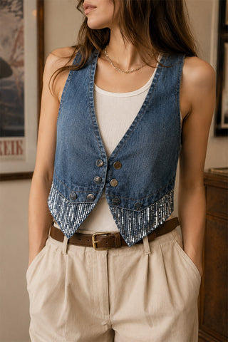 Sequin Hem Button Front Denim Vest