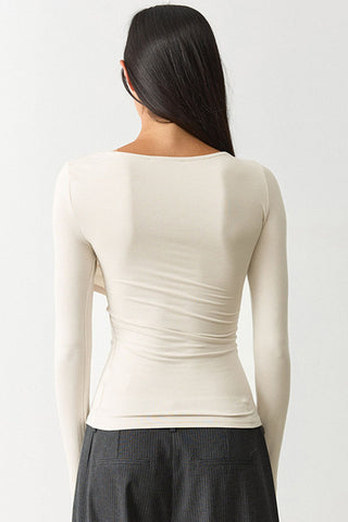 Ruched Boat Neck Long Sleeve Crop Top