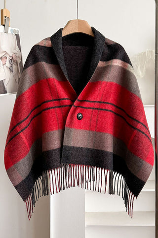 Plaid Fringed Wrap Poncho Scarf
